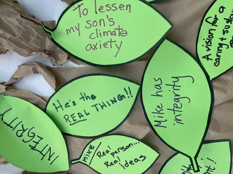 Six paper leaves with reasons why people are voting for Mike written on them. Text says, Mike has integrity. He's the real thing. To lessen my son's climate anxiety. Integrity. Real person, real ideas! A vision for a caring and sustainable economy.